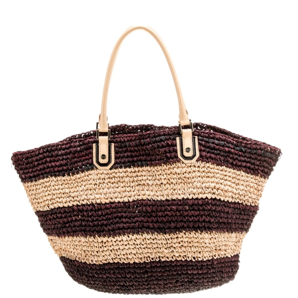 Alice+Olivia Raffia Tote Bag Black & Tan Striped Leather Handles